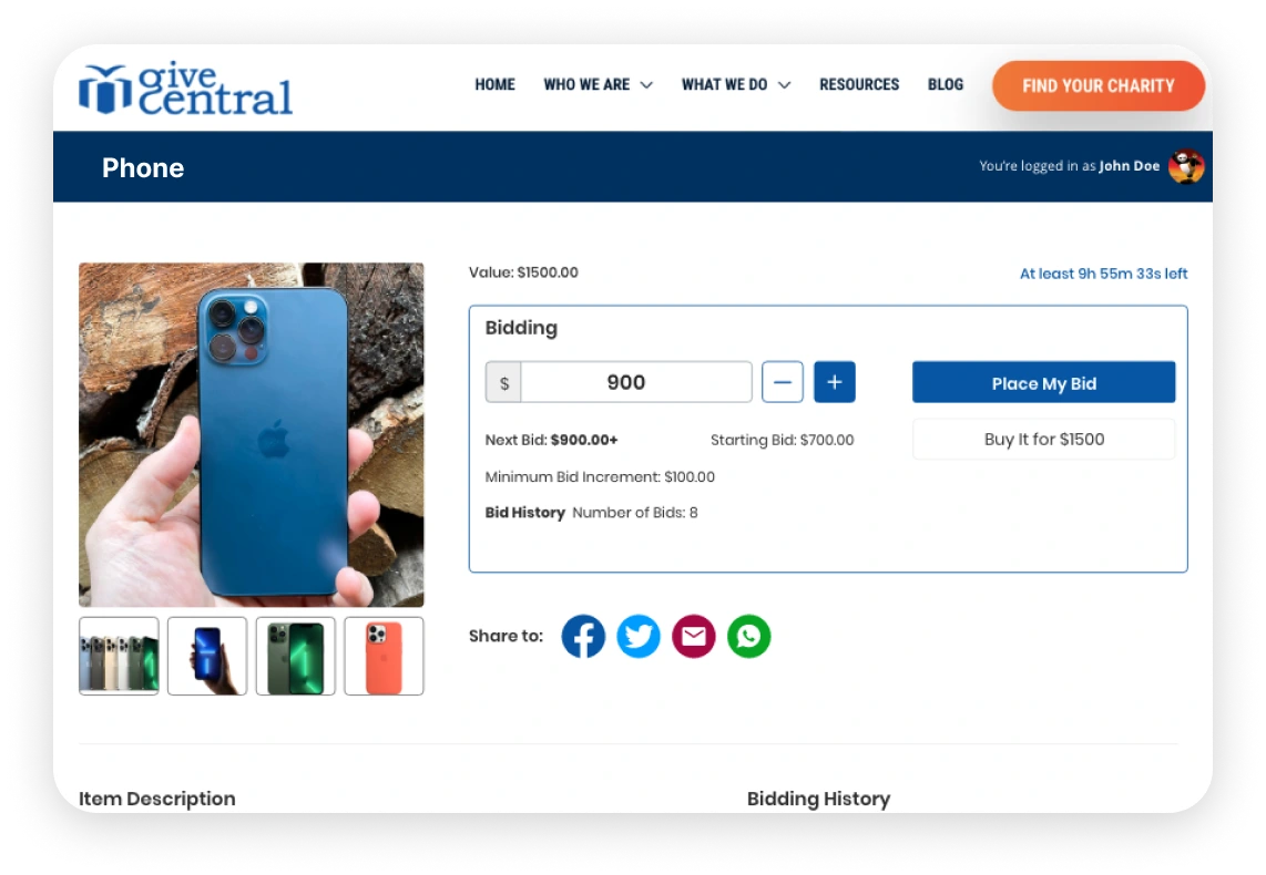 Auction platform screen with 'Place Bid' option and bidding details