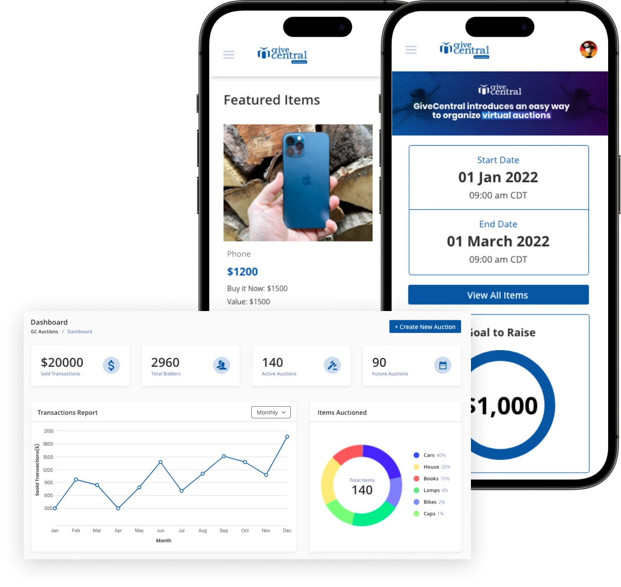 Multiple screens of GiveCentral's auction platform displaying features that simplify donor experience