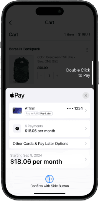 iPhone screen displaying the Apple Pay checkout interface with various payment options.