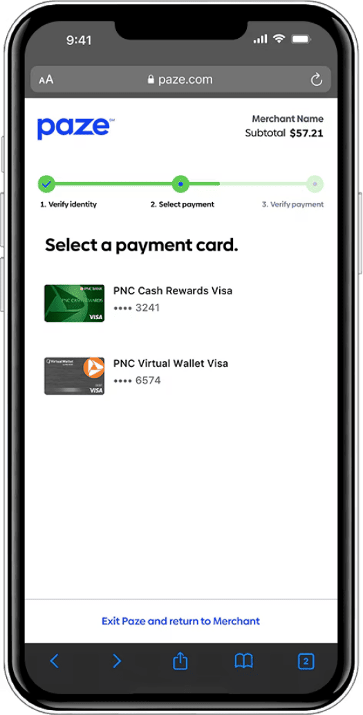 Smartphone displaying the PaZe payment interface with options to select a payment card.