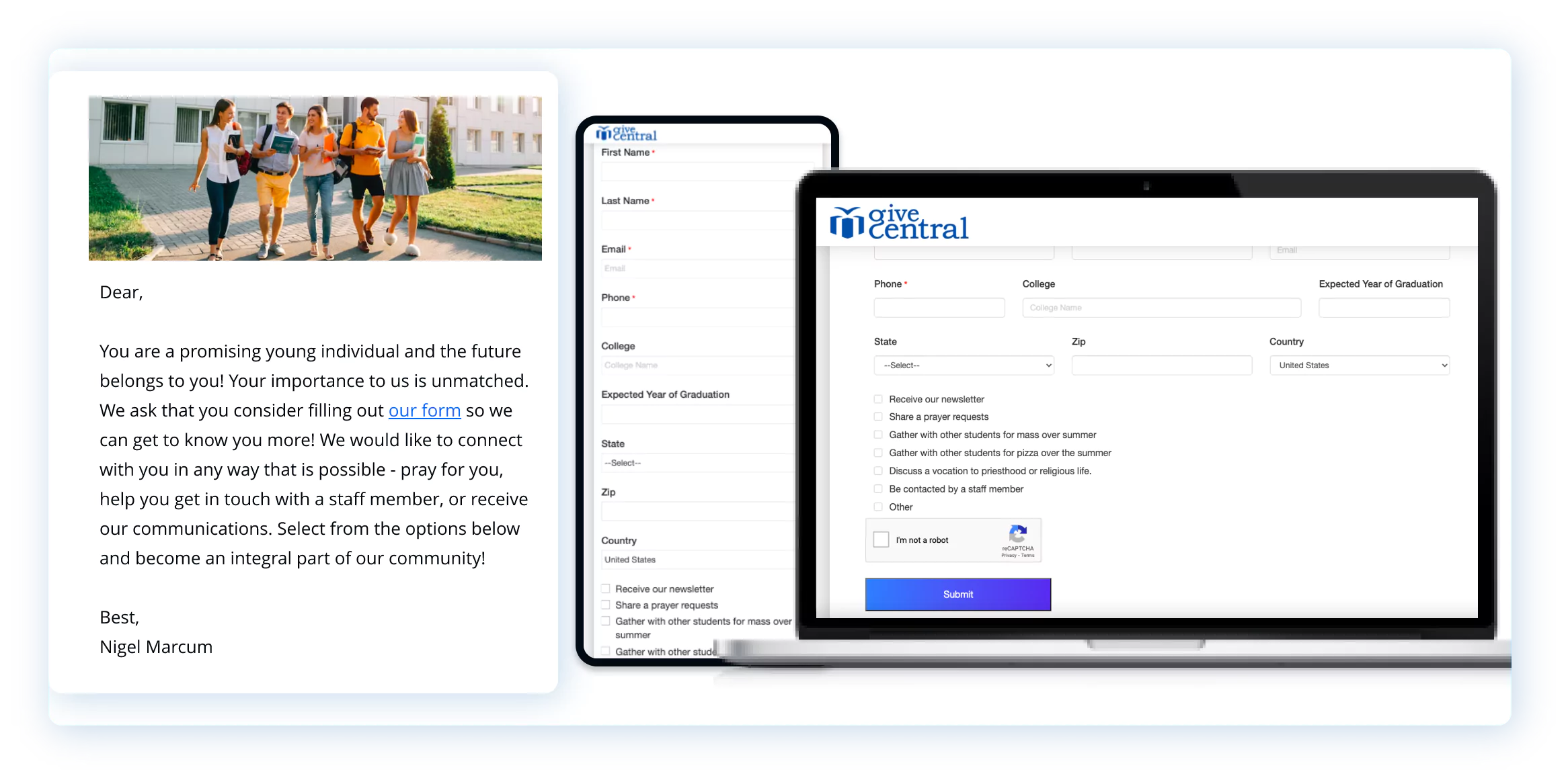 Laptop displaying an email and a form to update college student information.