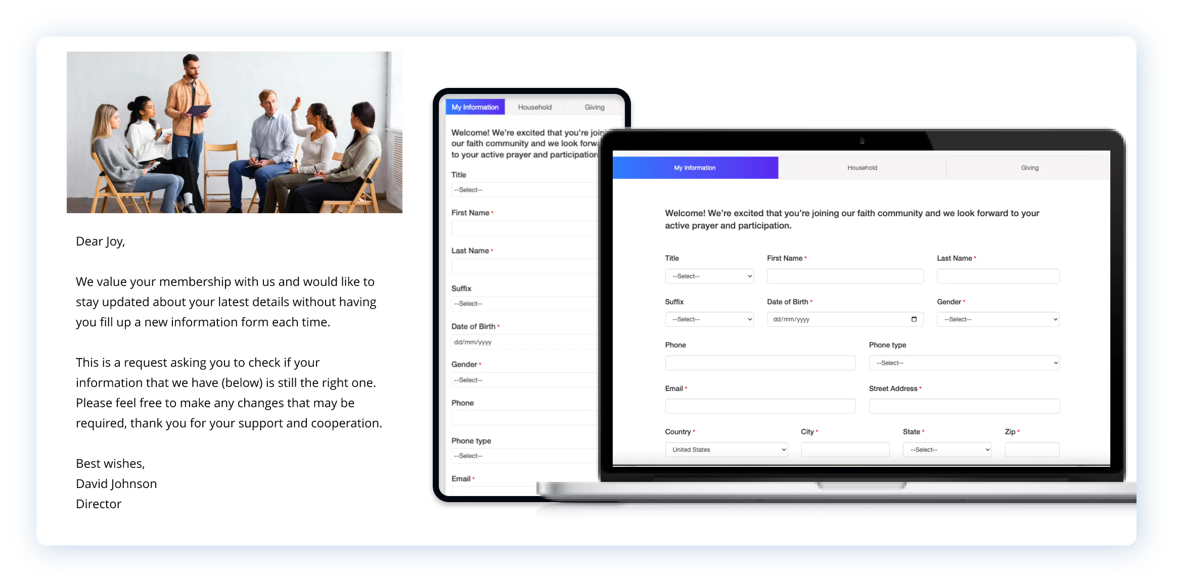 Laptop displaying an email and a form to update member information.