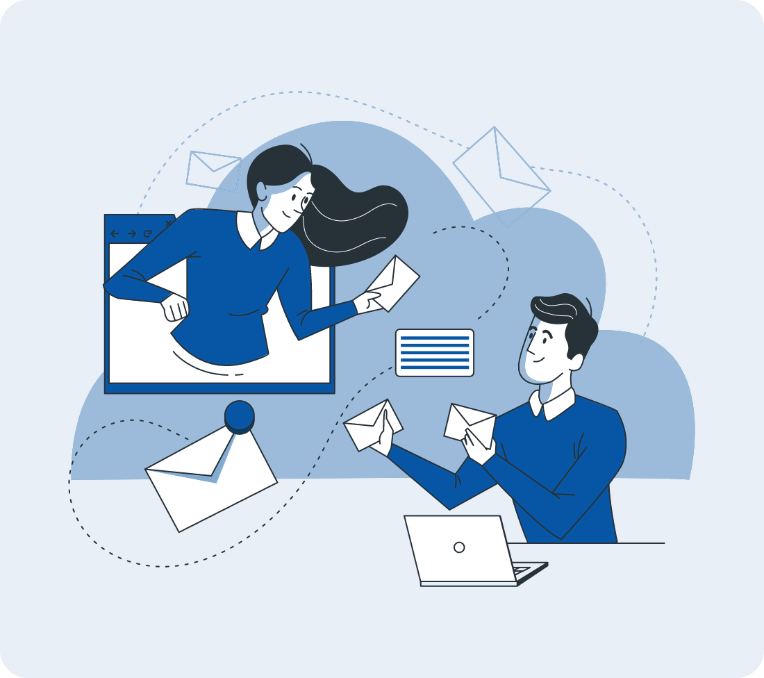Illustration of a person interacting with a computer, surrounded by emails, representing digital communication and giving.