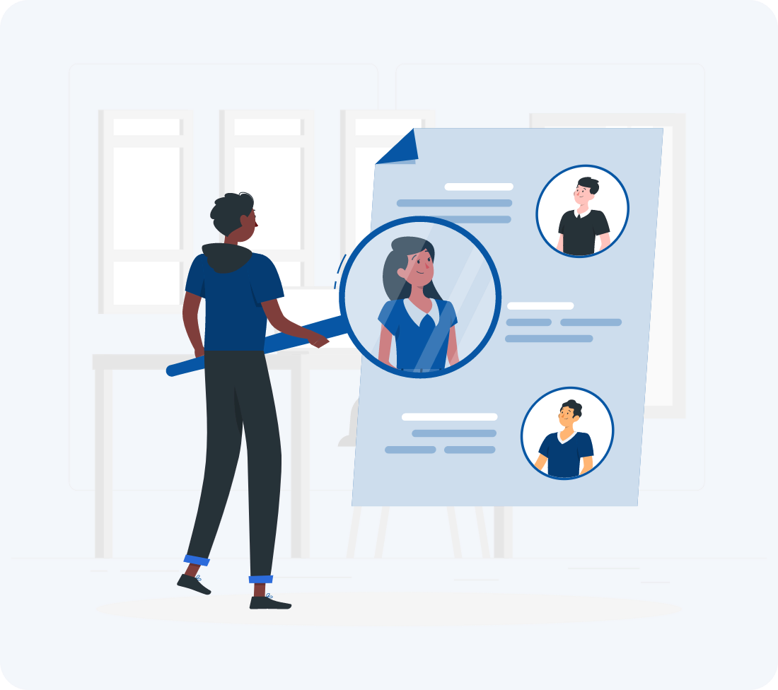 Illustration of a person reviewing donor profiles and data, symbolizing donor management.