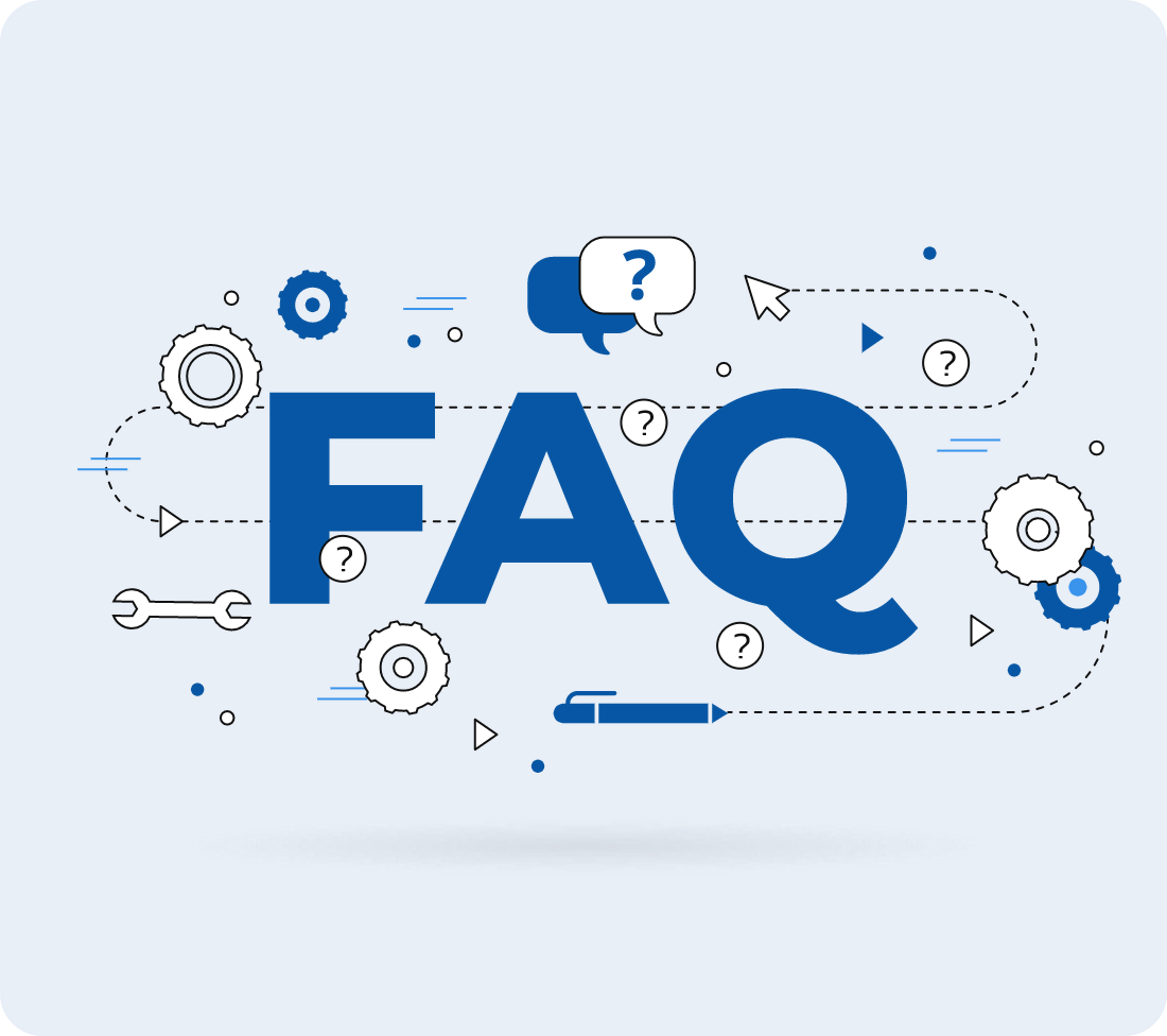 Illustration of a large 'FAQ' text surrounded by question marks and gears, symbolizing frequently asked questions or knowledge.