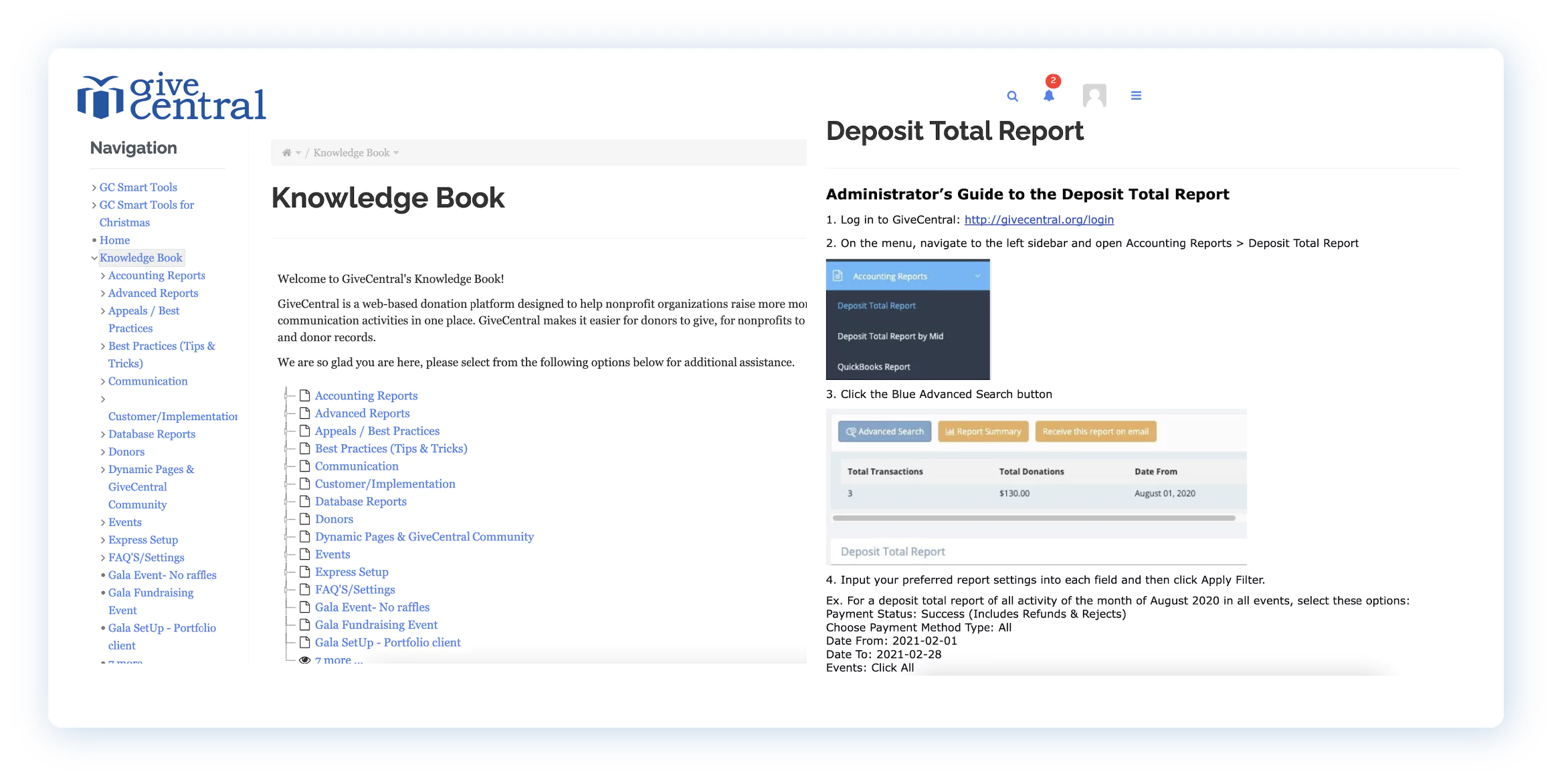 Screenshot of a platform's Knowledge Book and a Deposit Total Report interface.