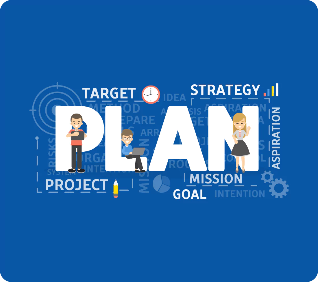 Illustration with 'PLAN' at the center, surrounded by words like strategy, project, and goal, symbolizing planning.