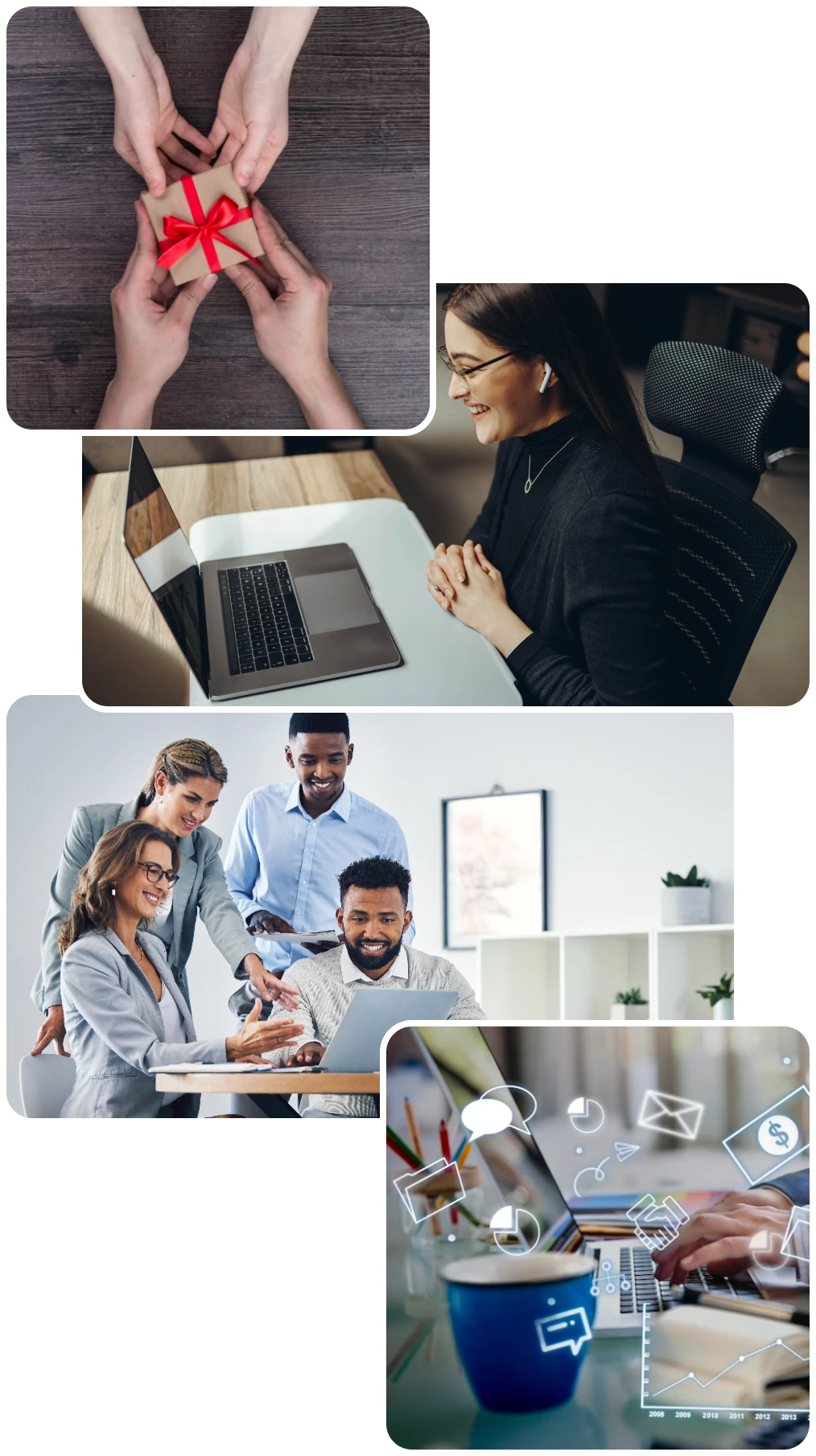 A gift box and a group of people watching a webinar on a screen
